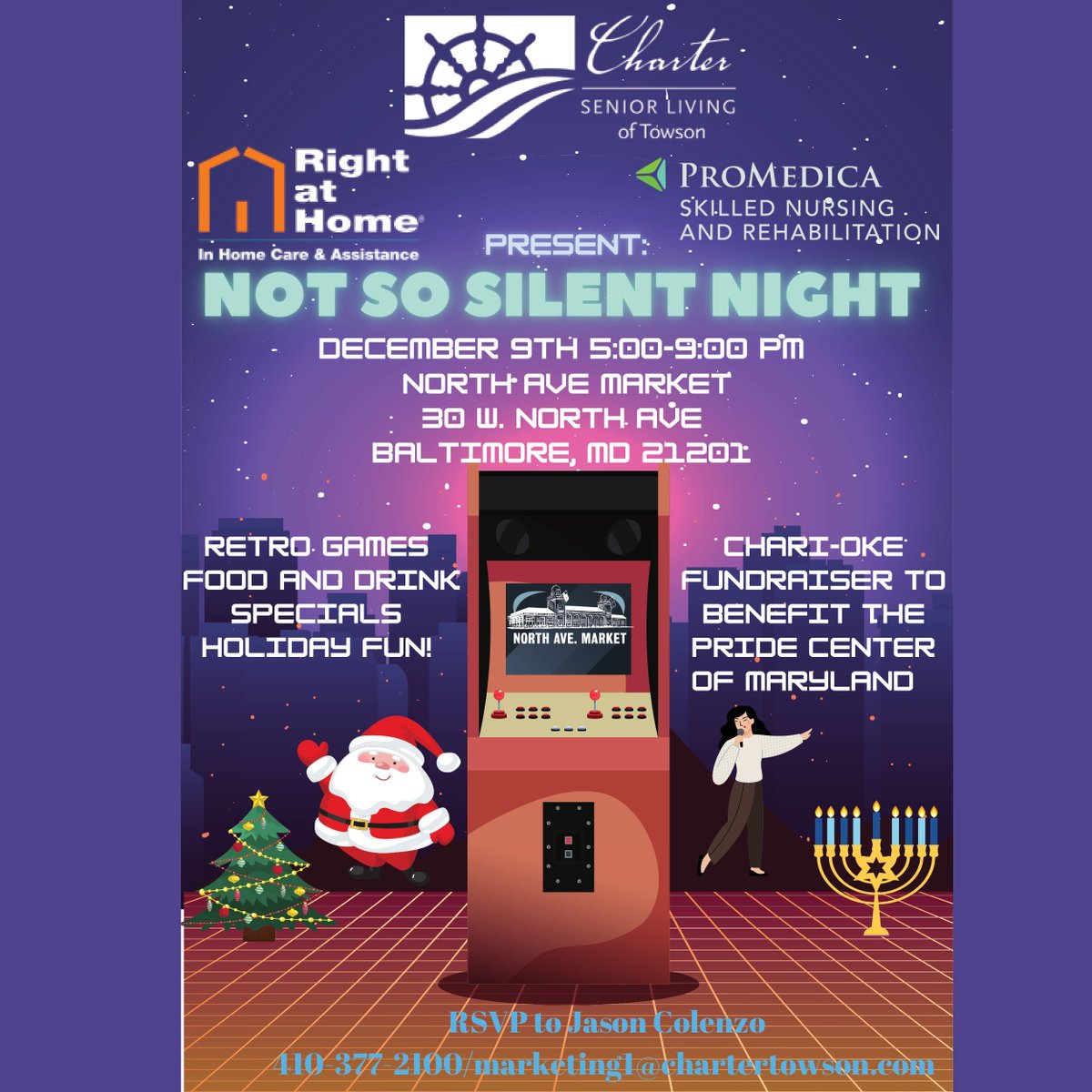 We will be tabling at 'Not So Silent Night' this Thursday, December 9th from 5 - 9 PM at the North Avenue Market 'Not So Silent Night' is sponsored by Charter Senior Living of Towson ProMedica and Right at Home. RSVP at marketing1@charter towson.com. See you there!