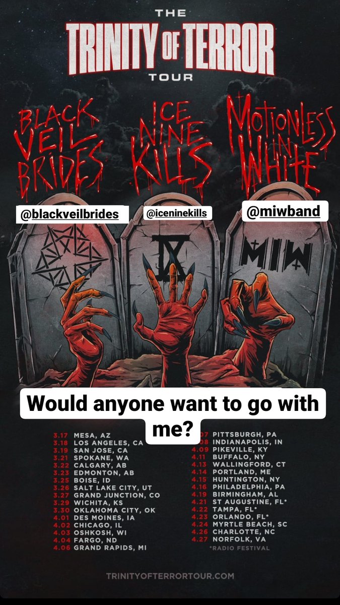 karasuxi's tweet photo. Anyone wanna go?
@ICENINEKILLS @blackveilbrides @MIWband https://t.co/GBjLCEfClh