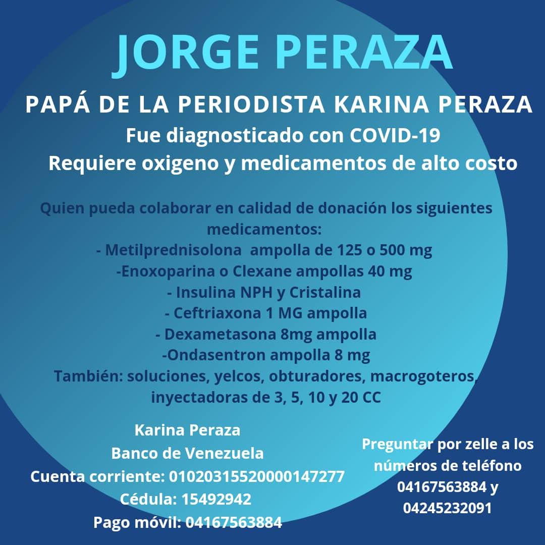 #ServicioPúblico #6Dic Para el papá de nuestra compañera de labores y corresponsal en #Lara <a href="/KaryPerazaR/">Karina Peraza</a> pedimos ayuda para colaborar con el tratamiento del Sr. Peraza quien fue diagnosticado con #COVID19 Vía: <a href="/jcarolinaisava/">🟣 Carolina Isava 🇻🇪</a>