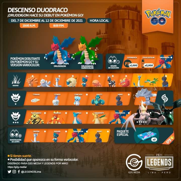 pokepoechat's tweet image. #druddigon llega a #PokemonGO mañana 7 de #Diciembre de 10 am a 8pm con posibilidad #shiny  🥳

 No olviden comprar sus pases remotos (3 por 175 monedas) 

Nos vemos en las #PokemonGoRaid entrenadores 

Infog @LEGENDSLima