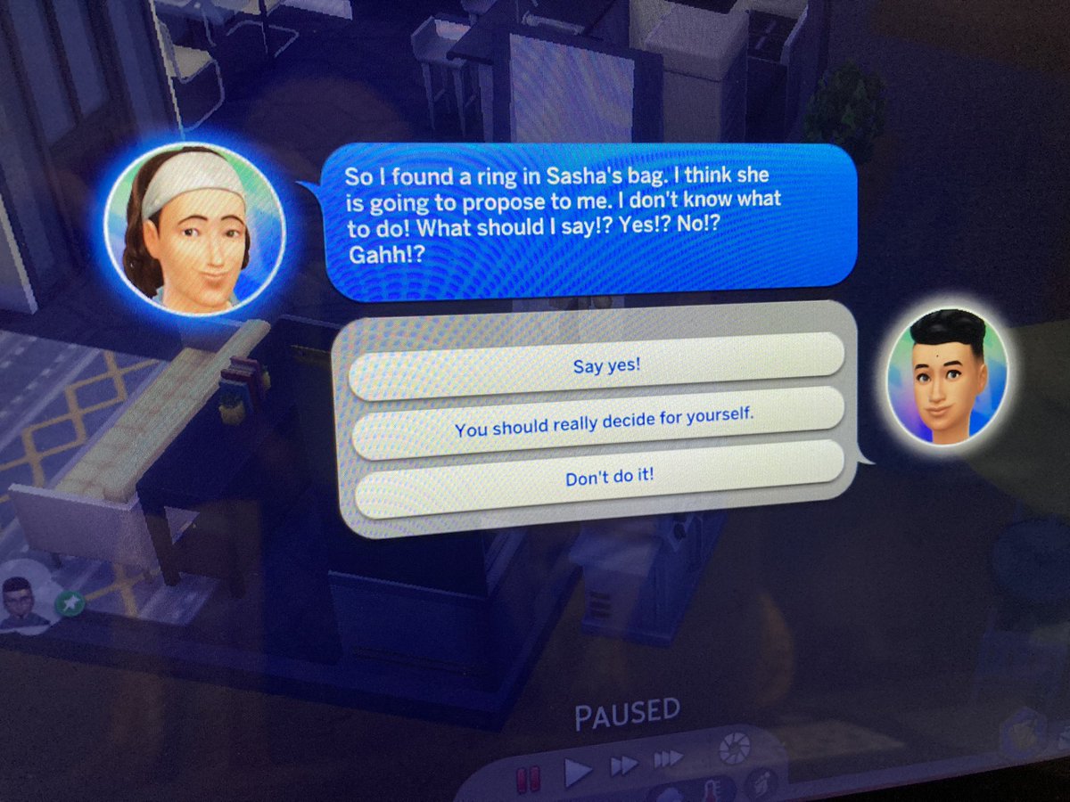 Story progression has some serious kinks. He is talking to Sasha about Sasha! And when i@told him he should say yes, they got engaged. No proposal. 🙄 #sims4 has some improvements to make.