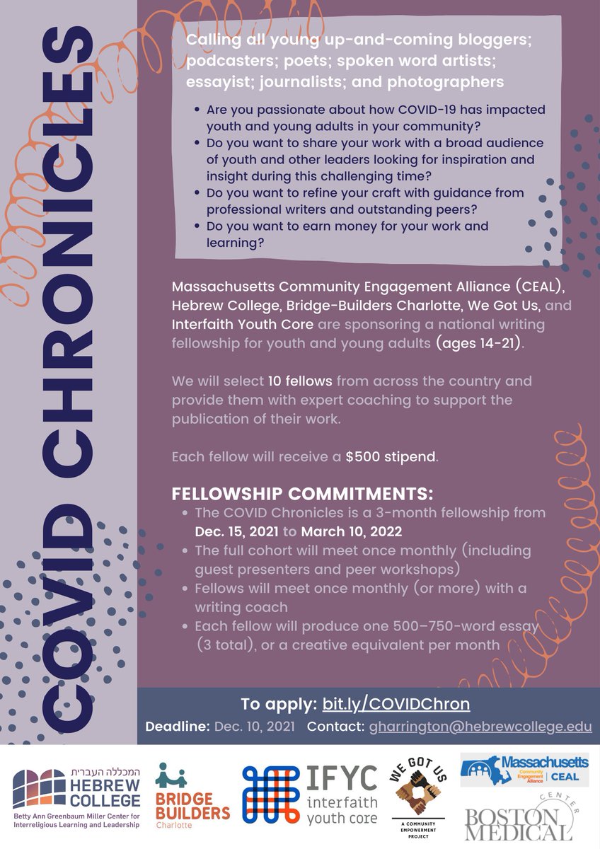 MillerCenterHC's tweet image. Calling all young up-and-coming bloggers; podcasters; poets; spoken word artists; essayists; journalists; &amp;amp; photographers. Join our national #writing fellowship for #youth and young adults (ages 14-21). To apply: bit.ly/COVIDChron Deadline=Dec. 10 #COVID19