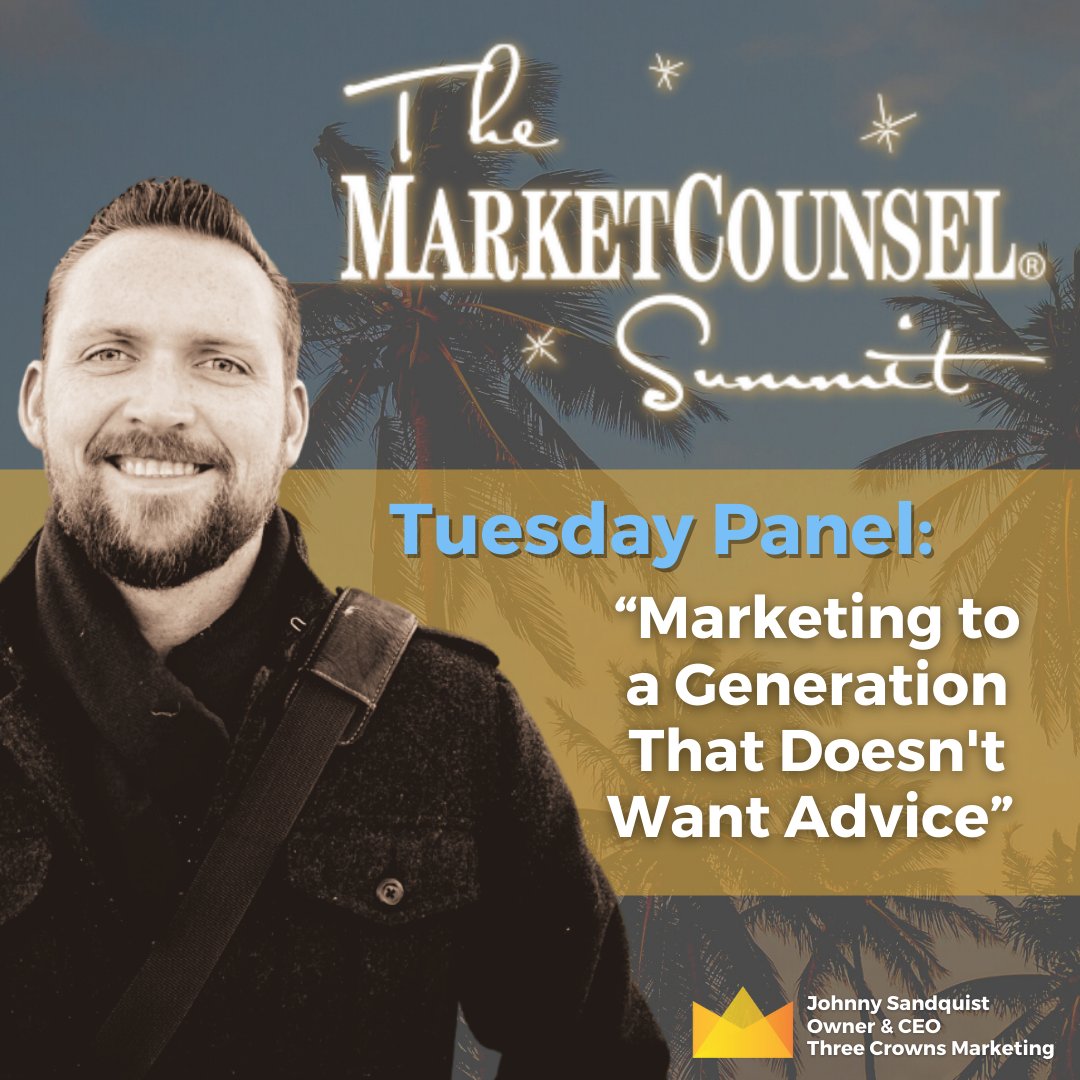 ThreeCrownsLLC's tweet photo. If you're at #MSUM21, don't miss our Founder and CEO, Johnny Sandquist, as he speaks Tuesday on "Marketing to a Generation that Doesn't Want Advice." https://t.co/rigqqgJQMd