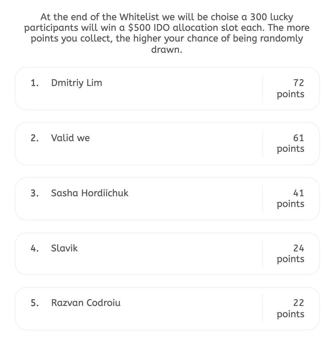 XBullCrypt's tweet photo. Top 5 leaders for getting into the Whitelist, the more points you get and the faster you complete tasks, the more chances you have to get into the Whitelist.

Only 300 people will receive a $500 allocation to buy XBull on Presale on December 9. https://t.co/N7pBIy7usZ