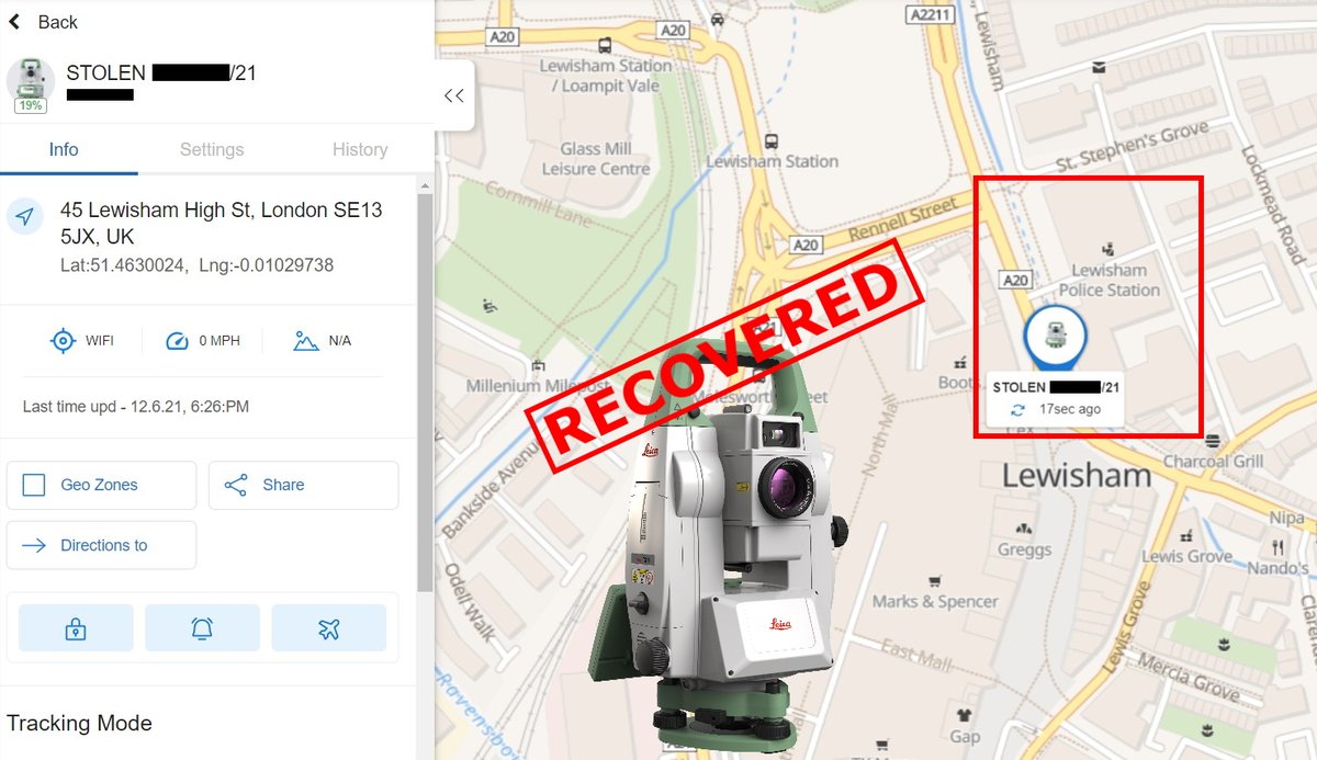 MarkF_Leica's tweet image. 🙌Thanks to @Opal_SOAC &amp;amp; @metpoliceuk for assistance recovering stolen asset, tracked by #LOC8 from @LeicaGeosystems and now safely in a police station awaiting forensics and collection.  Also reported to @surveyassoc tsa-uk.org.uk/equipment-thef… #LockYourLeicaGeo #TrackYourLeicaGeo