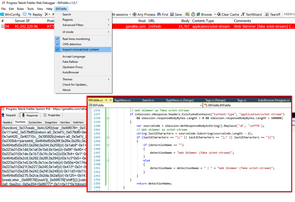 EKFiddle's tweet photo. It's quite common for threat actors to lie about the content they serve. For example, JavaScript sent back with:

Content-type: application/octet-stream

#FiddlerClassic and #FiddlerEverywhere make it easy to catch these. https://t.co/C06vKqbqG8