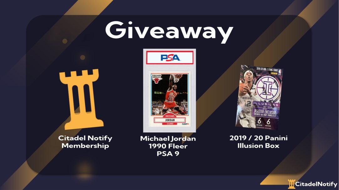 🎉 1 Year Anniversary  🎉

1 x Michael Jordan 1990 Fleer PSA 9
1 x 2019/20 Panini Illusion Box
3 x Citadel Notify Membership (1 month)

Follow, retweet and tag a friend! The winners will be announced after one week! Multiple entries allowed (tag other friends)!

Also enter on IG!