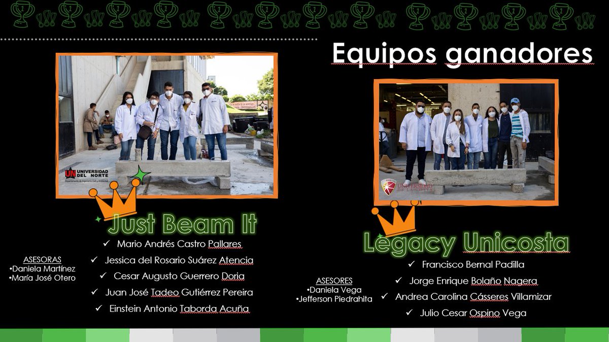 UninorteCO's tweet photo. 🧵 #EventoUninorte | Conoce a los equipos ganadores del primer Concurso Regional de Vigas de Concreto Reforzado "Green Beam Competition", donde participaron estudiantes de @UniCostaCOL, @utboficial y @Unimagdalena. 👇 https://t.co/5Vc6g4nqff