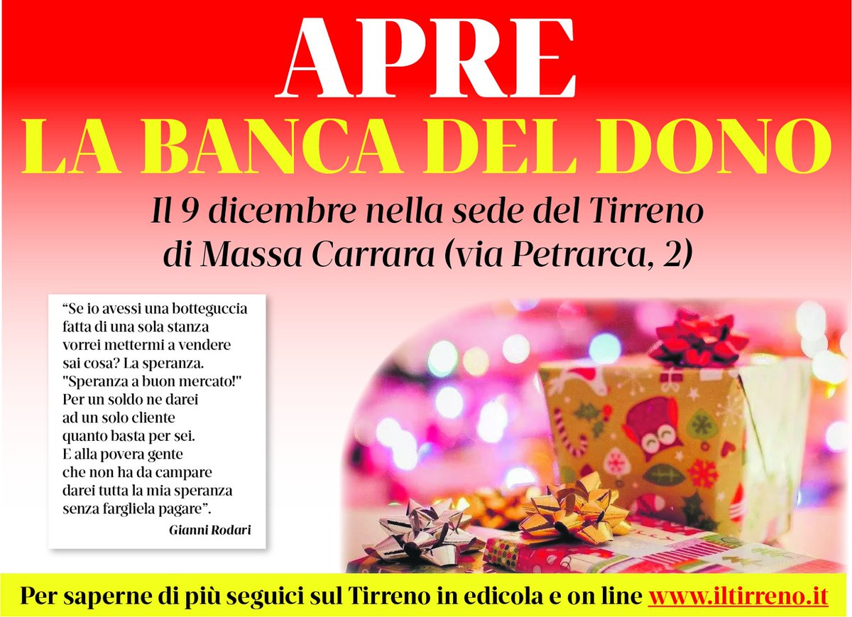 landucci_v's tweet photo. #bancadeldono @iltirreno @TirrenoMassa @TirrenoCarrara Giovedì 9 dicembre al Tirreno di Massa Carrara partiremo con questa iniziativa. L'abbiamo chiamata "Banca del dono". Gli azionisti siamo noi. L'investimento si chiama #speranza. https://t.co/qEiGIZPsTx
