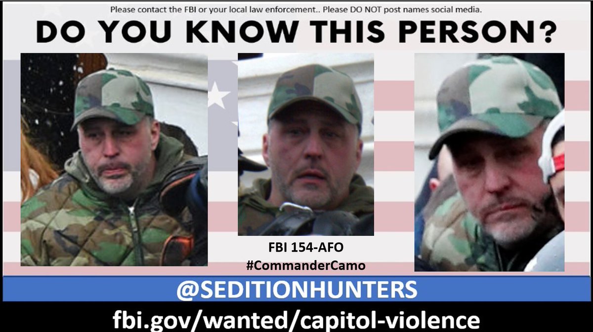 SeditionHunters's tweet photo. Please share across all platforms. Do you Know this person?? Please contact the FBI with 154-AFO https://t.co/CacVxYJIL1 or contact us at admin@seditionhunters.org Please do not post names on social media #CommanderCamo
Wanted for Assault on a Federal Officer https://t.co/k8ph9sMRVI