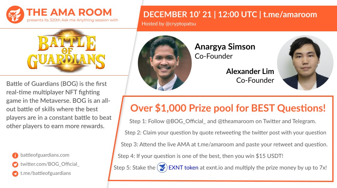 theamarom's tweet photo. Join @BOG_Official_ with your host @cryptopatsu for another #AMA 🔥

⌚️Dec 10 | FRI | 12:00 UTC
💰Over $1000 #Prize Pool
✔ QUOTE RETWEET this WITH your question to qualify!
📍https://t.co/F6PYTiRmIL

#BoGxTheAMARoom $BGS $FP #AMARoom #Giveaway 

ℹ️ https://t.co/LemhQDePjW https://t.co/jb4UqmYL0i