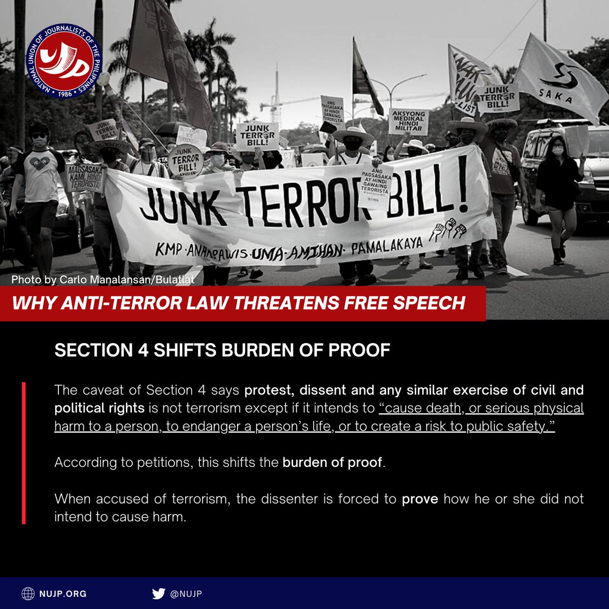 nujp's tweet photo. Today, we reiterate our call for the junking of the Anti-Terror Law. 

Here's why the Anti-Terror Law is a threat to free speech:

#JunkTerrorLaw https://t.co/cY8QTZS5AY