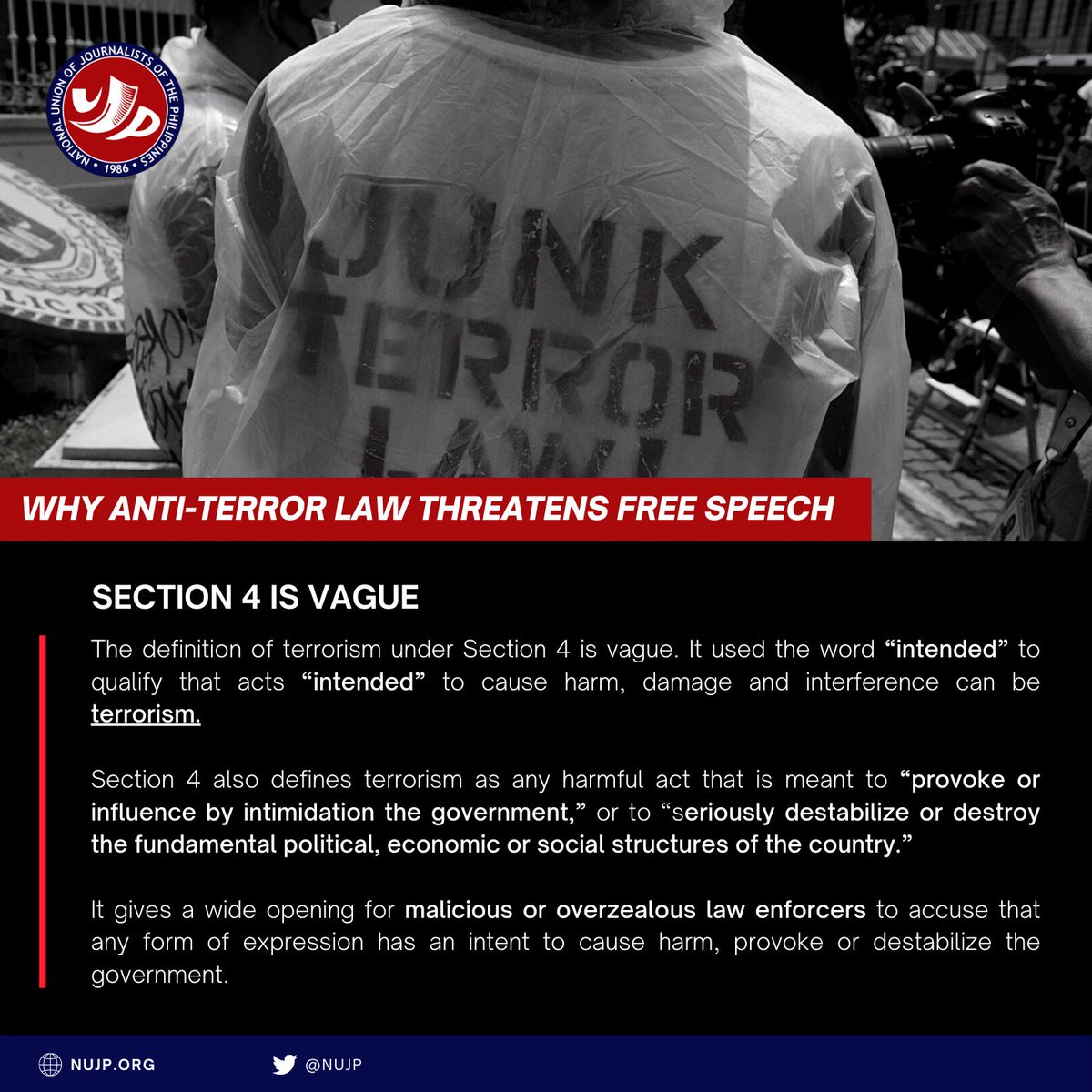 nujp's tweet photo. Today, we reiterate our call for the junking of the Anti-Terror Law. 

Here's why the Anti-Terror Law is a threat to free speech:

#JunkTerrorLaw https://t.co/cY8QTZS5AY