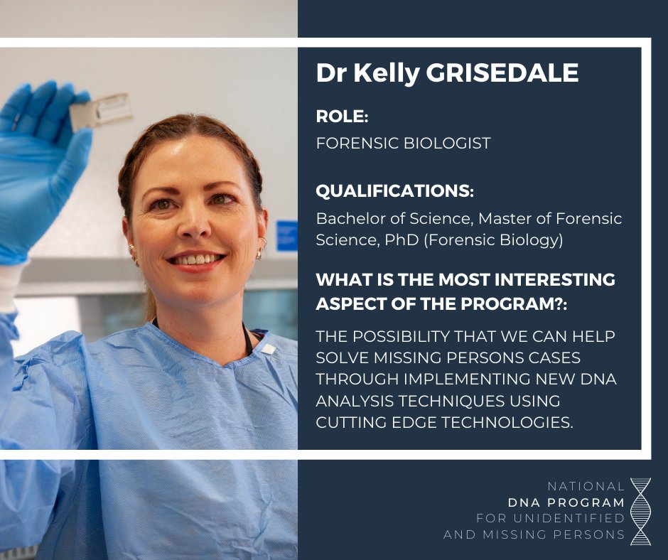 AFPNMPCC's tweet photo. Dr Kelly Grisedale: Forensic Biologist, National DNA Program for Unidentified and Missing Persons

#AFPDNAProgram https://t.co/EJqMZD2kTn