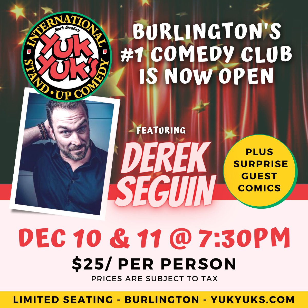 YuksBurlington's tweet photo. Having performed at the prestigious invitation-only Just For Laughs festival an impressive 10 times, Montreal-based Derek Seguin is spearheading the stage THIS WEEKEND. Shows often sell out. Buy tickets today: https://t.co/yutRv0EyqW

#Burlington #Hamilton #Halton #YukYuks https://t.co/goBQZlIt02