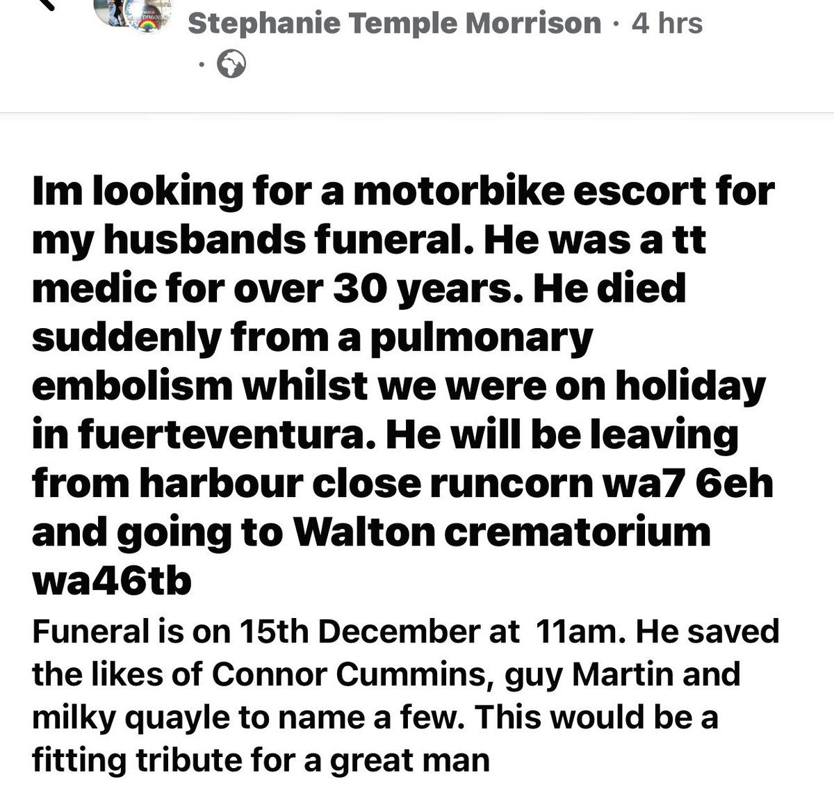 Thought this needed sharing from FB, sounds like this person had a huge impact on the TT  and helped many riders at the scenes of accidents.  #TTHero  #RIP 🇮🇲 <a href="/ttracesofficial/">Isle of Man TT Races</a> <a href="/ConrodIOM/">🇮🇲🇮🇲Conor Cummins🇮🇲🇮🇲</a> @acugary <a href="/PaulPhillips_TT/">Paul Phillips</a> <a href="/MilkyQuayle/">Richard Milky Quayle</a> #iomtt #LoveTT #MotorcycleLive #Medic #Marshall