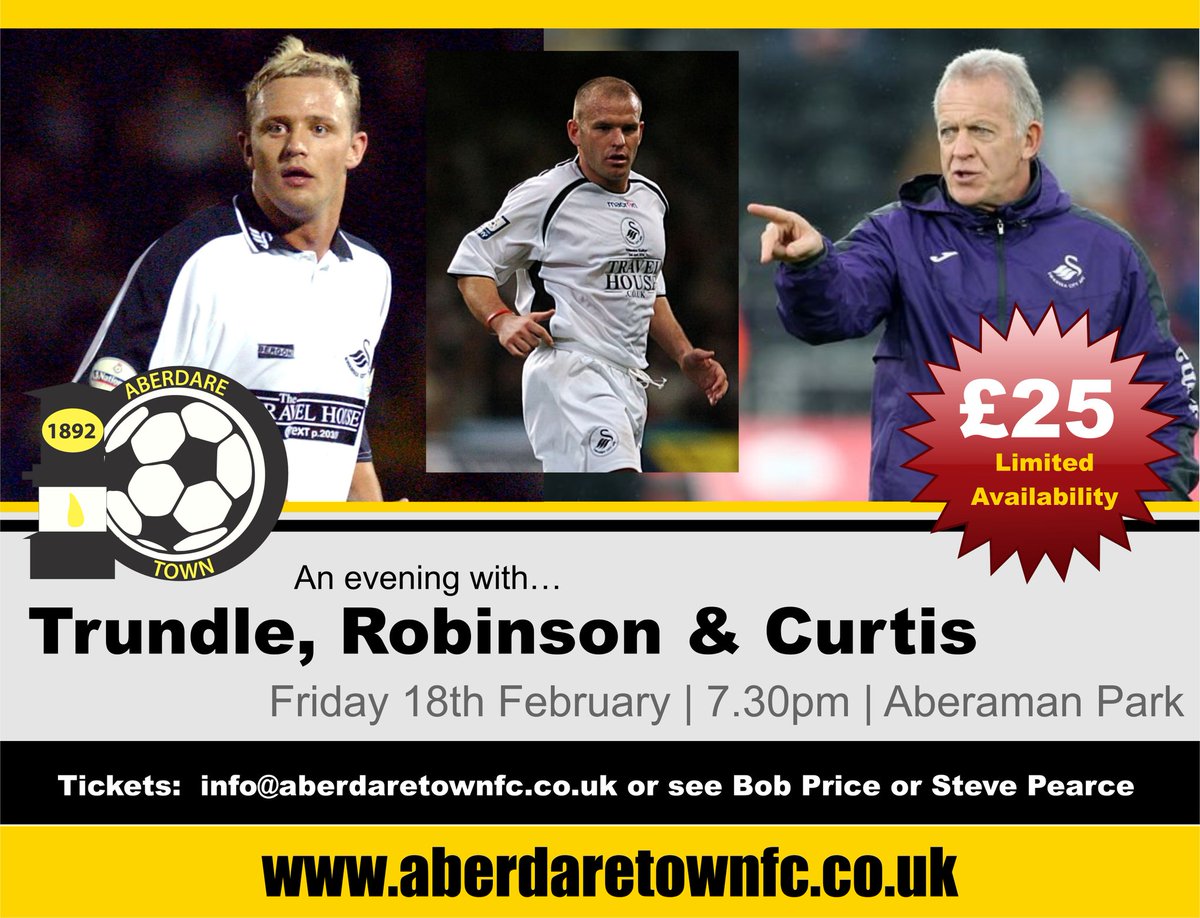 An evening with... Lee Trundle, Andy Robinson and Alan Curtis (18.02.22). Set to be a great night at ATFC with three Swans legends. Tickets from <a href="/RobertP40442261/">Bob Price</a> <a href="/aberdarejack/">Steve Pearce</a> or email info@aberdaretownfc.co.uk - limited tickets and already selling so get yours TODAY #uppatown