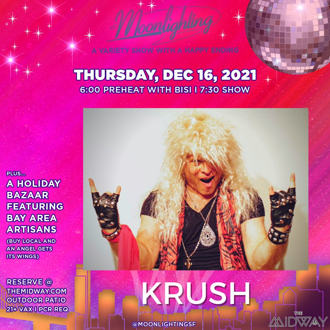 Don’t miss your chance to see featured performer, Krush, a self-help powerhouse known across the globe as a "superstar to the stars.” Come on out and put the ROCK in rocking around the Christmas Tree 12/16 @themidwaysf🌙 Holiday Market starts at 6:30 pm, show starts at 8 #sfevent
