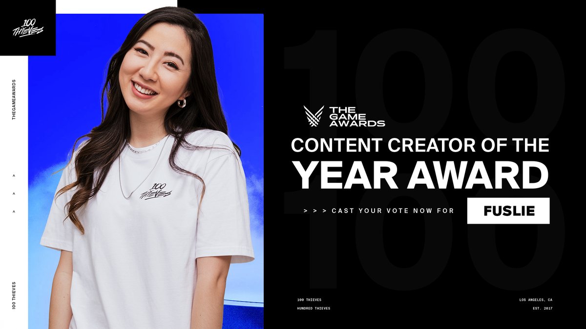 100Thieves's tweet photo. Detective @fuslie is up for Content Creator of the Year at the 2021 @thegameawards!

As creative as she is charismatic, Fuslie has been a phenomenal part of our family since joining in May.

We hope you join us in voting for her: https://t.co/3ksKLtIgg2 https://t.co/mI3CWFoLN5