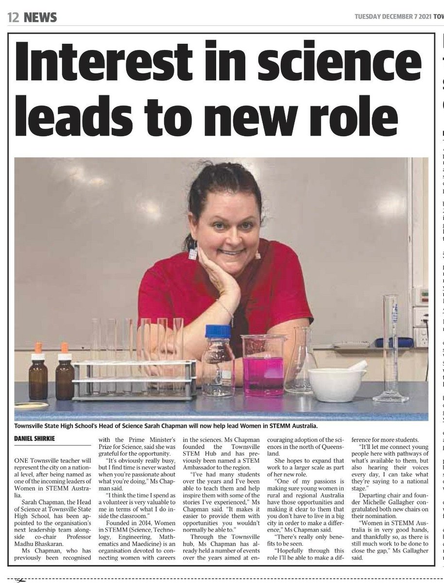 WomenInSTEMM_AU's tweet photo. Townsville State High School's Head of Science, Sarah Chapman (@chapmansar) to co-lead Women in STEMM Australia. Sarah wants to make sure girls in regional areas have opportunities and know that you don't have to live in a big city to engage in STEMM. #girlsinSTEMM #womeninSTEMM https://t.co/T0na1Ij2yI