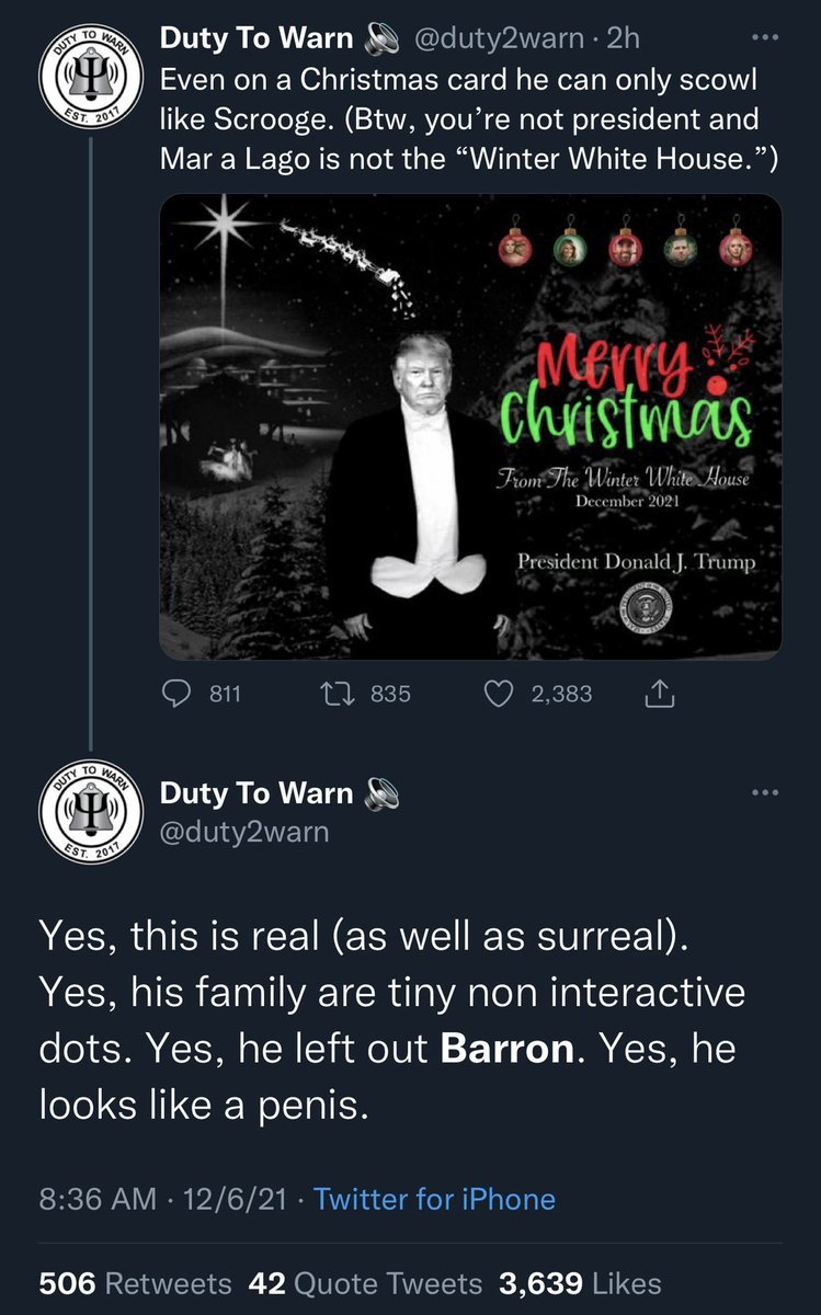 realTuckFrumper's tweet photo. This fake Christmas card going around is trying to make Trump physically look like a dick. 

You don't need a fake picture. 

Trump IS a dick. Leave it at that. https://t.co/eaZyF3196I