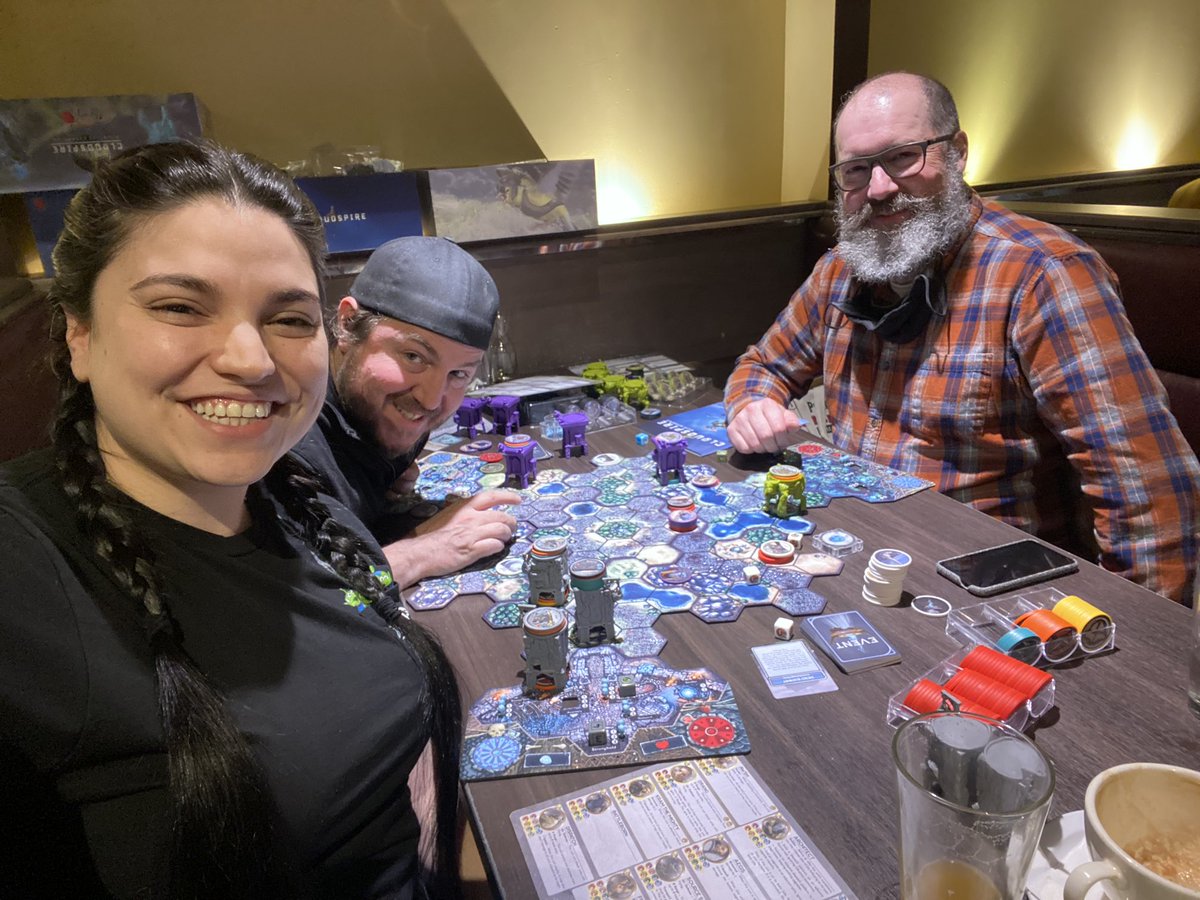 JohnnyDeathHawk's tweet photo. 3 player ⁦@ChipTheoryGames⁩ CLOUDSPIRE w/ our friend Slackfish last night. @BraininaJar2⁩ brought home the win even though she was being hit w/ Toxic Secretion every time she stepped out of her Fortress 3rd wave.  This play solidified Cloudspire as my #3Game of All Time https://t.co/GW2oLoRXKd