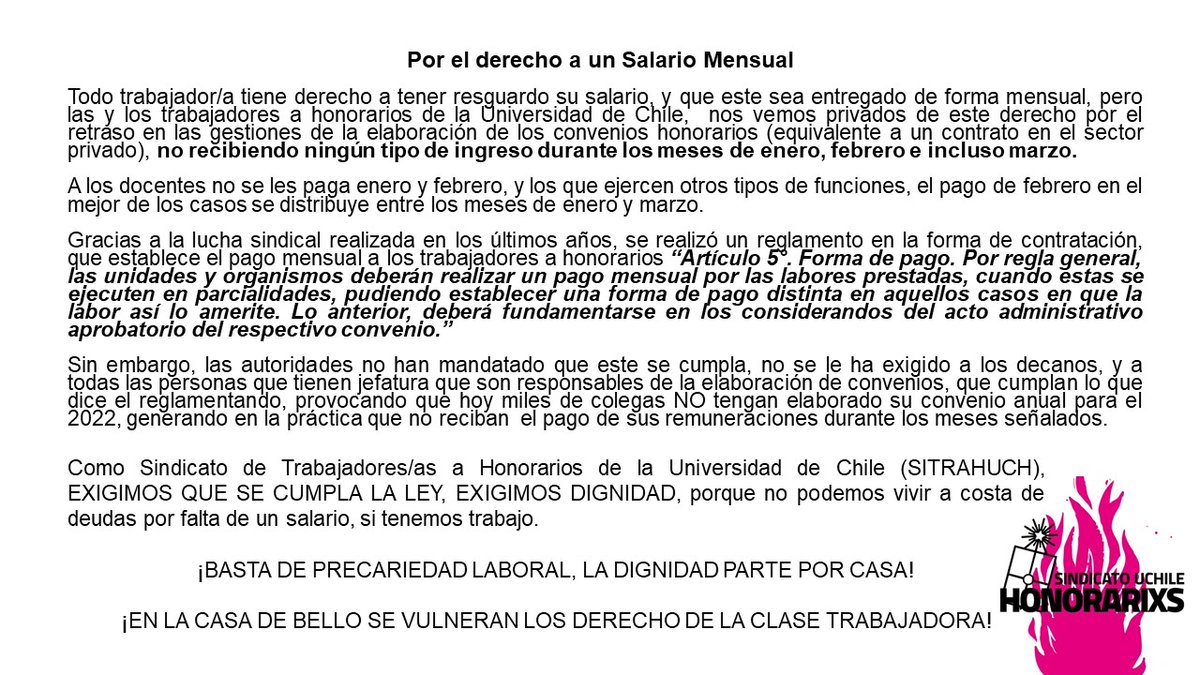 Como Sindicato de Trabajadores/as a Honorarios de la Universidad de Chile (SITRAHUCH), EXIGIMOS QUE SE CUMPLA LA LEY, EXIGIMOS DIGNIDAD, porque no podemos vivir a costa de deudas por falta de un salario, si tenemos trabajo. #HonorariosdelEstado <a href="/uchile/">Universidad de Chile</a> <a href="/senadou/">Senado Universitario</a> <a href="/EnnioVivaldi/">Ennio Vivaldi</a>