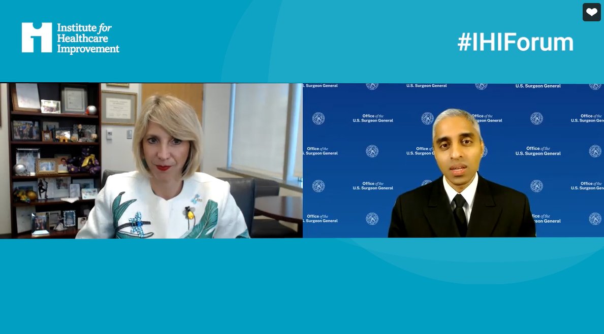 Dr. Murthy discusses how stress manifests in our lives during the pandemic, with people experiencing shifts in sleeping patterns or ability to focus at work: "This is one of those moments that being gentle with ourselves &amp; each other is more important than ever before." #IHIForum