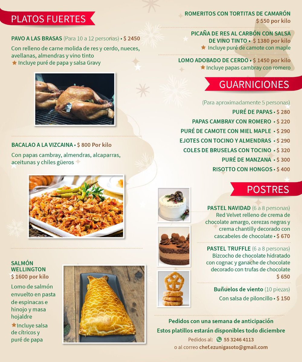 Este es el menú de Navidad y Año Nuevo del Chef <a href="/chefemmanuelzu/">Chef Emmanuel Zúñiga Soto</a>, y estará disponible todo el mes de diciembre.  Es ideal para reuniones de familia,amigos e inclusive eventos empresariales.

*Todos los platos fuertes incluyen guarnición excepto los romeritos y el bacalao.
