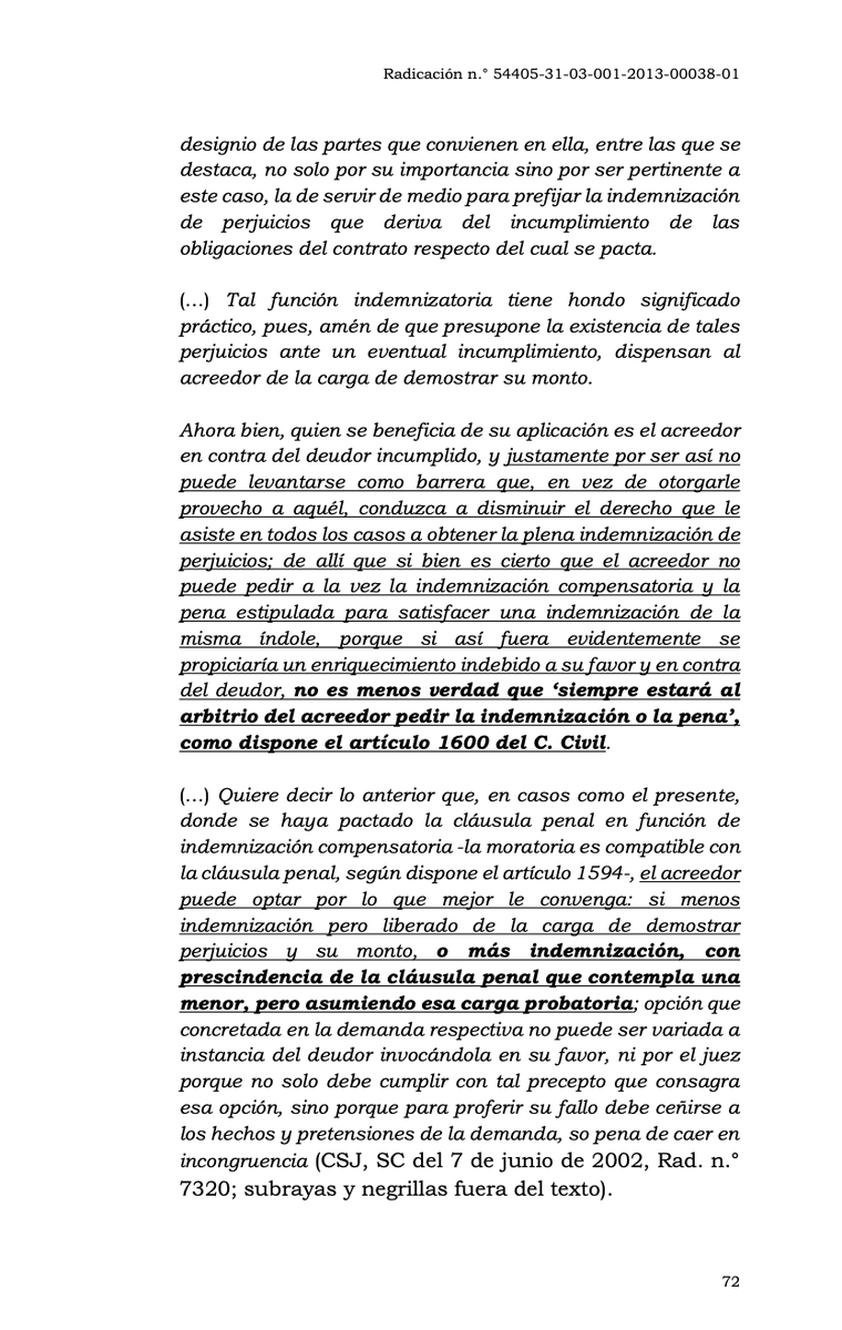 jairoparrac's tweet photo. CLÁUSULA PENAL.CSJ recuerda: Si se estipuló una cláusula penal como estimación anticipada de perjuicios, el cte cumplido siempre tiene la opción de pedirla (no debe demostrar la causación del daño ni su cuantía) o el resarcimiento de los efectivamente ocasionados (acreditarlos)👇 https://t.co/1QRaqbG3nu
