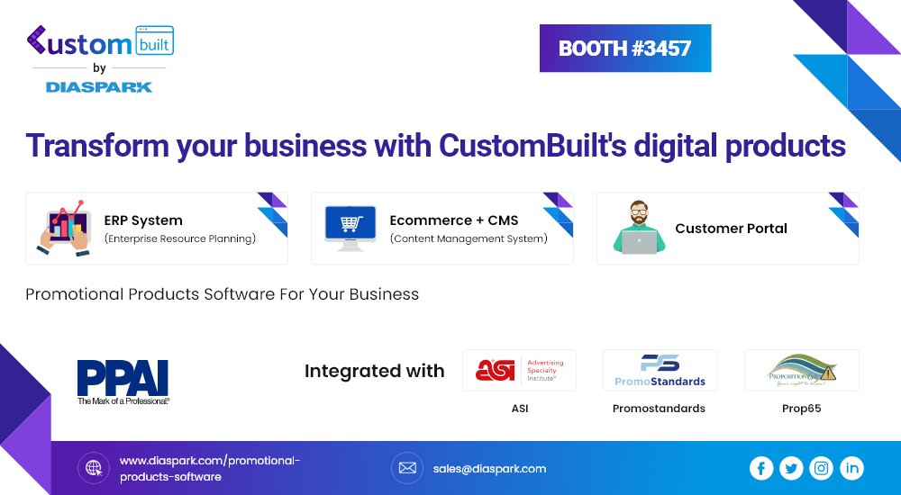 PPAI_HQ's tweet photo. Get ready to meet @_CustomBuilt by Diaspark at Booth #3457! 
They will be at The #PPAIExpo from January 10-13, 2022 at the Mandalay Bay Convention Center in Las Vegas.
To Request A Demo: https://t.co/AzWCqmHwD0
#businessmanagementsoftware #promostandards #custombuiltbydiaspark https://t.co/hr3LStlcU1