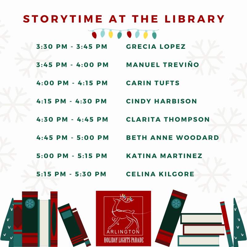 LightsParade's tweet photo. Join us for Storytime at the Library with your favorite Arlington Principals! We are excited to see you on December 11th! 

For more information find us on Facebook! 
#AHLP2021 @ArlingtonTXLib @ArlingtonISD  #holidays #arlingtontx https://t.co/81L0HbAq6S