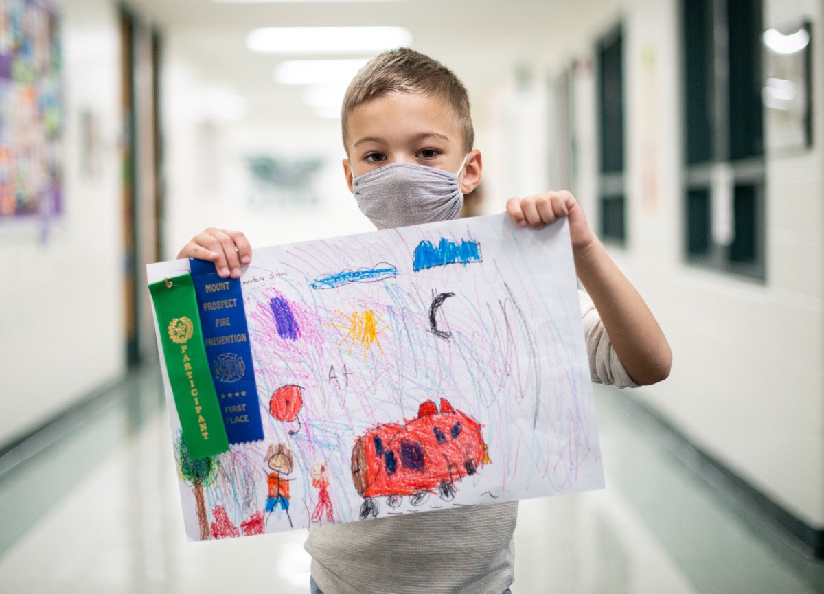 CCSD59's tweet photo. Over the last week, four CCSD59 students were visited and honored by the Mount Prospect Fire Department for winning submissions in this year’s poster contest! #D59Learns

Forest View:
Marcel (Kindergarten)
Giada (1st Grade)

Robert Frost:
Giselle (5th Grade)
Angel (3rd Grade) https://t.co/0J8zvnHBoj