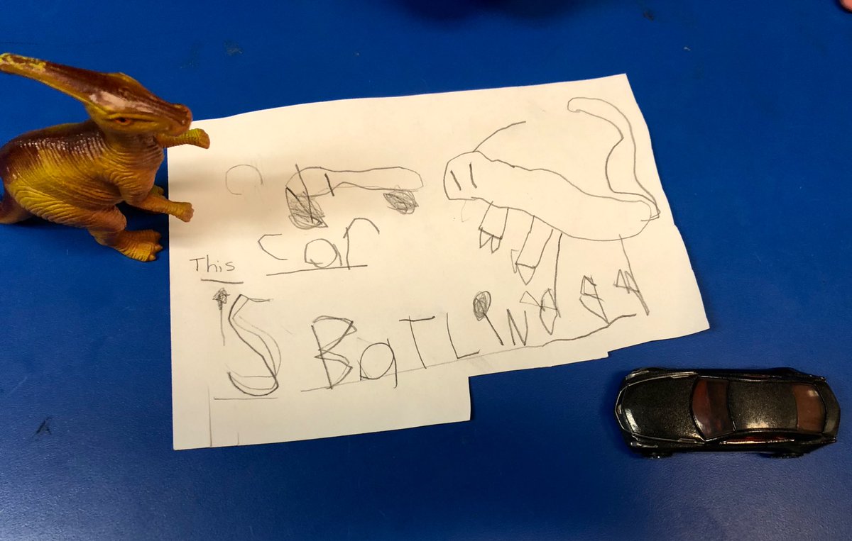 MsSinclair_Ed's tweet photo. When your play is so good you come over and ask Ms.Carleigh to help you write about it. ✏️This car is battling the dinosaur! 
🚙🦕#Storytellers #PlayToWrite #SelfMotivatedWriter https://t.co/QhwTgyMBr0