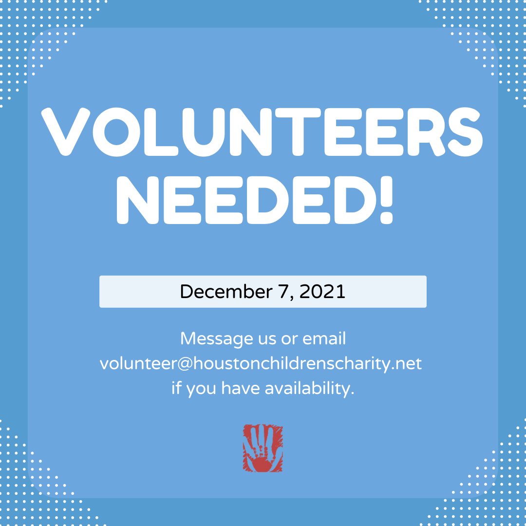 We need your help! Do you have availability TOMORROW, December 7th, and can come into our office located at 610/Post Oak to help us finish mail outs for our Christmas Distribution? 

Message us or email volunteer@houstonchildrenscharity.net and we'll send you more details.
