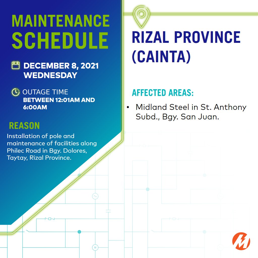 meralco's tweet photo. ADVISORY: May scheduled power interruptions sa ilang areas sa Rizal Province sa December 8, 2021. More: https://t.co/4jMvKp6w67 https://t.co/QD2SfsbAZd