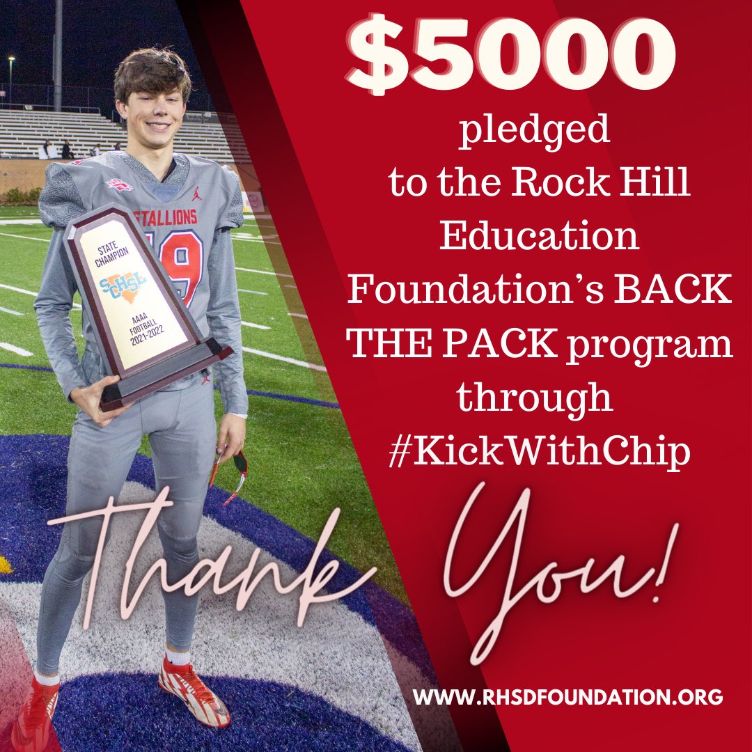 Wow! $5K! On our road to being #StateChamps THANK YOU to everyone who pledged to #KickWithChip for <a href="/RHSEFoundation/">RHSEF</a> BackThePack, we can help feed 38 additional kids this year! <a href="/FootballSPHS/">South Pointe Football</a> <a href="/RockHillSchools/">Rock Hill Schools</a> <a href="/SPHSstallions/">South Pointe High School</a> #FootballCityUSA