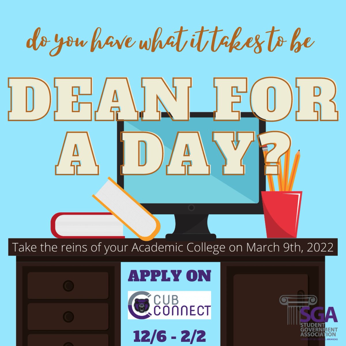 Interested in becoming a dean for a day and seeing exactly what they do? Enter the competition by applying at the link below. For additional questions, email mgoss@cub.uca.edu Apply here: uca.campuslabs.com/engage/submitt…