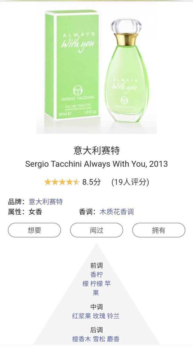 #香水 
这瓶香水当时大概是冲着名字买的，always with you……就很戳中我的点呀。
带着我喜欢的青绿感，不重，是小清新。带着一点点柑橘，一点点甜香，一点点白花，完全没有脂粉感，没有侵略感，不扰人，但会有似曾相识感觉。
我昨晚喷四五泵之后就躲被窝了，香味舒适不刺鼻，今早都还觉得很清爽好闻。 https://t.co/yqyKNrWD8U