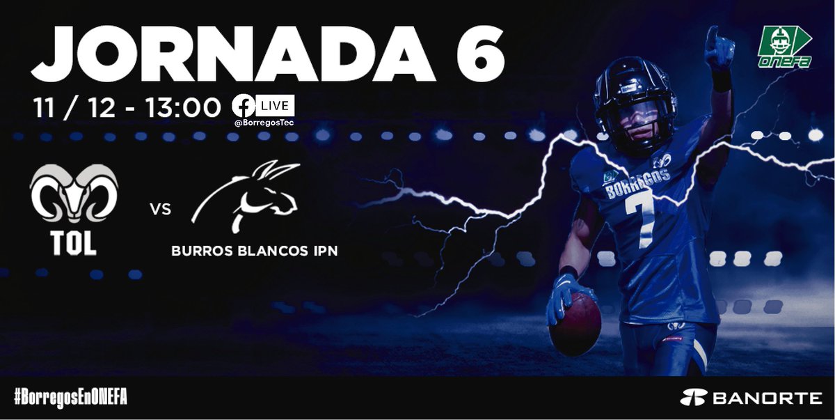 ¡No te pierdas el siguiente partido de nuestros Borregos Toluca!

🏈 Jornada 6 🗓 11 Dic. 2021 a las ⏰ 13:00 h
Borregos Toluca 🐏 vs ⚪️ Burros Blancos IPN

Sigue la transmisión a través de redes sociales.

#BorregosToluca #BorregosEnONEFA #LigaMayor2021 #Jornada6
