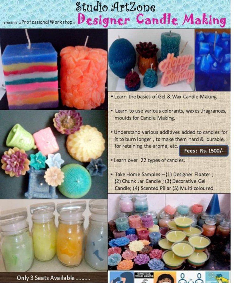 artzonepune's tweet image. #CandleMaking #HobbyClass #JarCandle #Pune #Deccan #StudioArtzone #studioartzonepune #InStudio #GelCandles #WaxCandles
Designer Candle Making Workshop @ Studio Artzone
~ 3 Dec &apos;21 (Fri) ...Rs.1500/- .Take home 5 samples ...3pm to 6pm
WHATSAPP Register on 9822254472