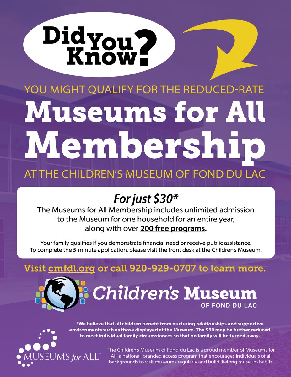 CMFDL's tweet image. Membership Highlight: Museums for All
Your family qualifies for this membership if you receive a form of public assistance.

For a limited time, all new and renewed memberships receive a FREE wrap-rocket kit. Learn more about our membership options here: cmfdl.org/visit/membersh…