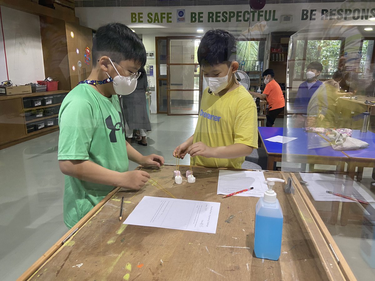 AISCElementary's tweet image. Grade 4 students design marshmallow structures that can withstand an earthquake. #AISCGrade4 #AISCintheClassroom
