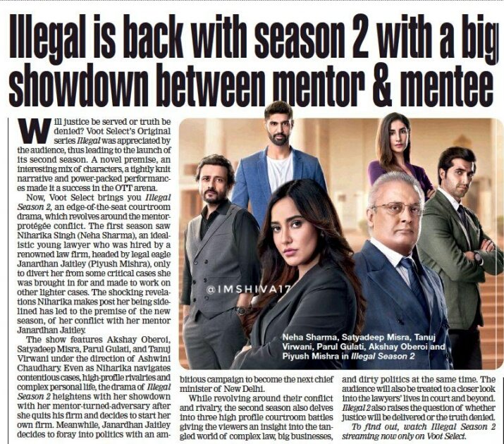 #Illegal is back with season 2
with big showdown between
mentor & mentee 

#Illegal2OnVoot now officially
 streaming on @VootSelect

@officialneha @Akshay0beroi @itspiyushmishra @parulgulati @satyadeepmisra @TanujVirwani 
@kaur_achint @justvoot