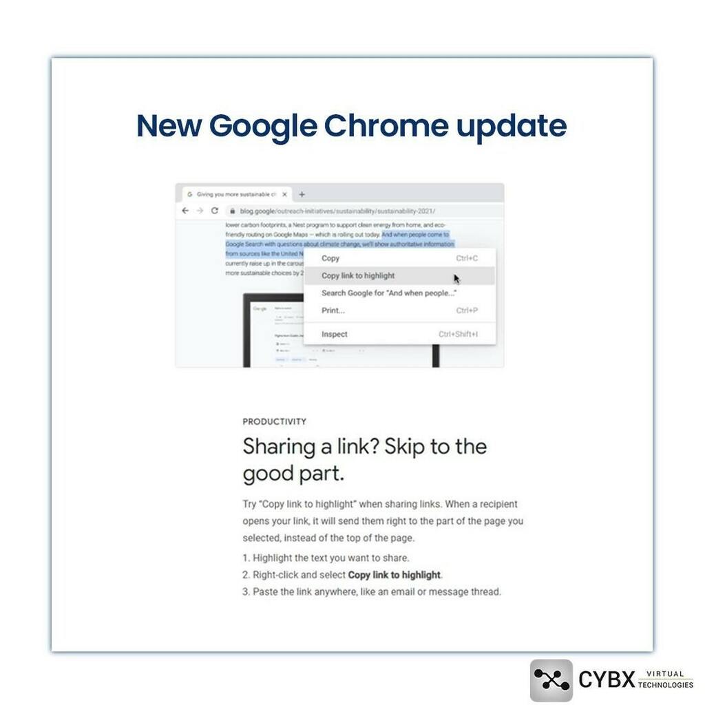 cybxtech_'s tweet photo. “Copy link to highlight”. 
Now when you share the link, the same web page will open but that specific text will be highlighted.

P.S - Update your Google Chrome
.
.
.
.

#latestupdates #Googleupdates #Googlechrome #socialmediaupdate #trendingnow #trendin… https://t.co/2pYuD4zdmf https://t.co/ZAAooBhJbN