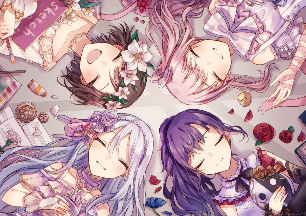 closed eyes flower multiple girls long hair smile lying rose  illustration images