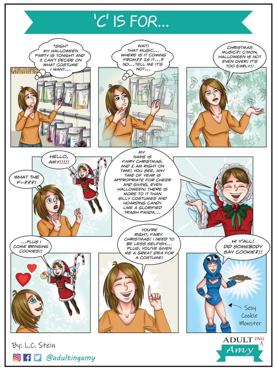 AdultingAmy's tweet photo. COMIC UPDATE - it is now almost OFFICIALLY the Christmas season :D. Time to start gorging on cookies :p and happy Almost Thanksgiving!
#sexycookiemonster #holidaycomic #webcomic #christmasspirit https://t.co/8YnpnRXkpa