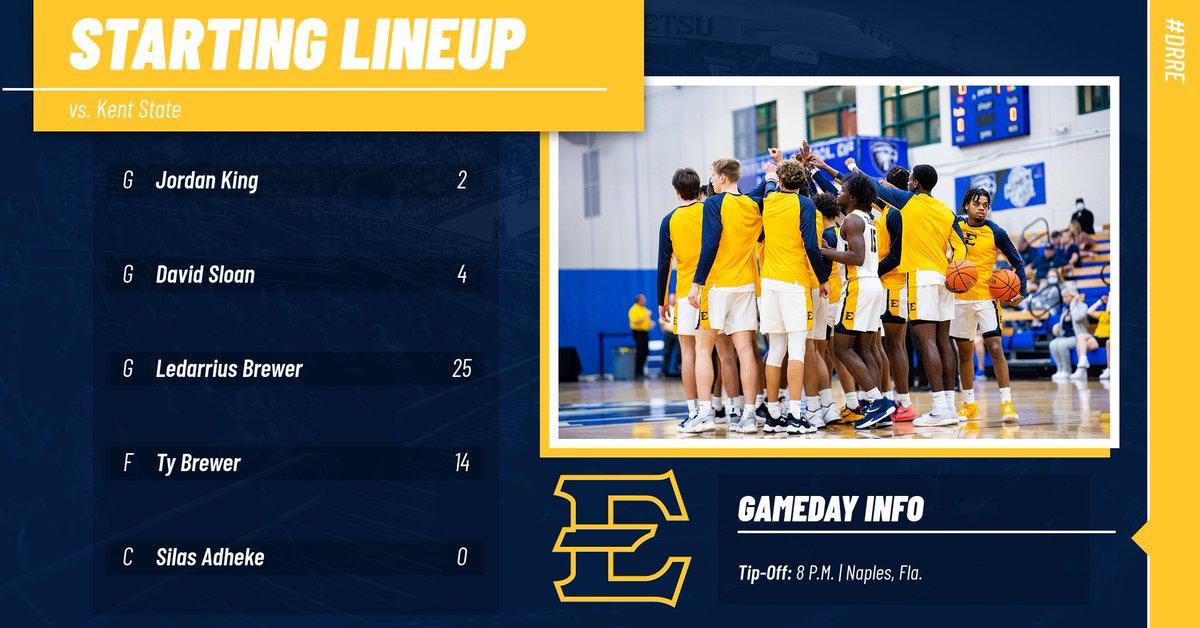 ETSU_MBB's tweet photo. Tonight's starting 🖐️ as we take on Kent State in the #NaplesInvitational Championship game...
Ways to follow the action:
📺 https://t.co/89ptcX4Mhz
📻 https://t.co/4DCDxcpGvm
📊 https://t.co/1uBVcK86dx
#DRRE | #ETSUTough https://t.co/2HNu7Rsyyc