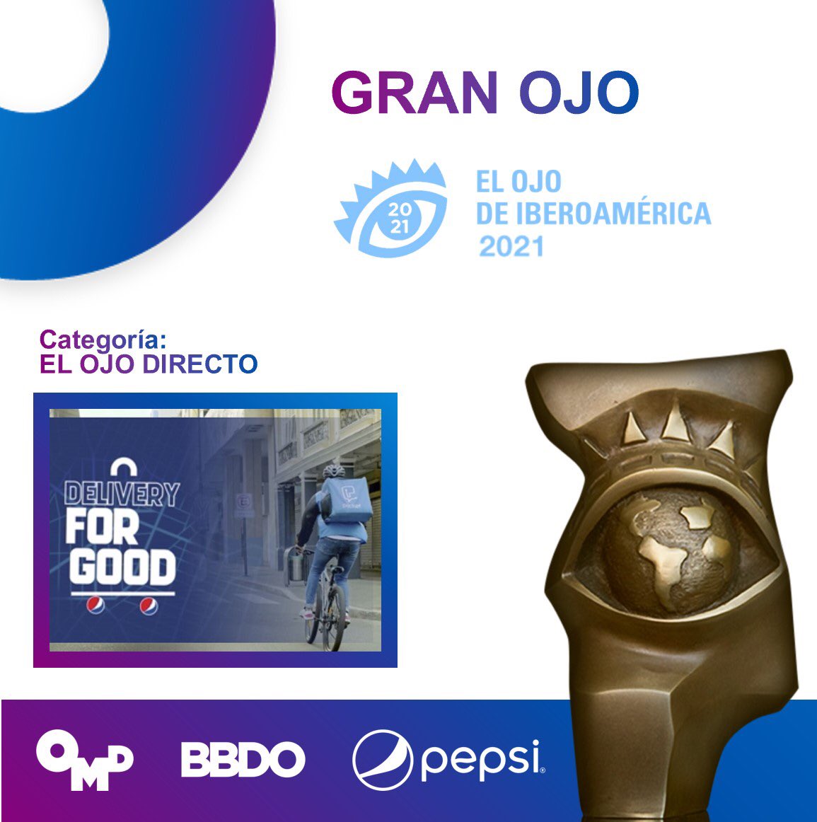 El 2do día de <a href="/elojofestival/">El Ojo de Iberoamérica</a> nos trae la mejor alegría. ‘Delivery For Good’ de Pepsi ha ganado un #GranOjo en la categoría #ElOjoDirecto. Orgullosos de representar a 🇪🇨
Felicitaciones al equipo, partners y un gran cliente que apuesta por ideas con propósito
#marketing #publicidad