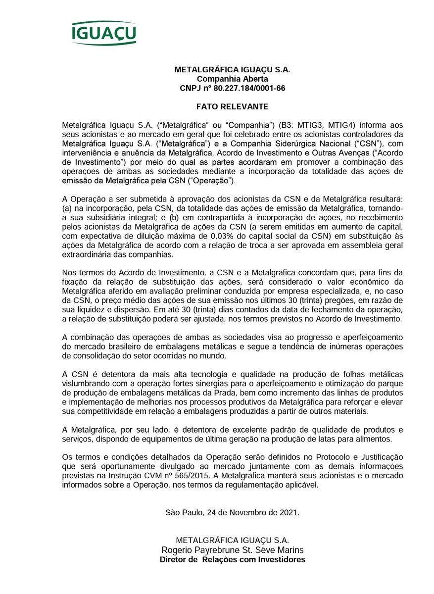 Fatosdomercado's tweet photo. METAL IGUACU - Acordo de Investimento p/combinação das operações Iguaçu x CSN - #mtig https://t.co/QZTEUkU7Hx